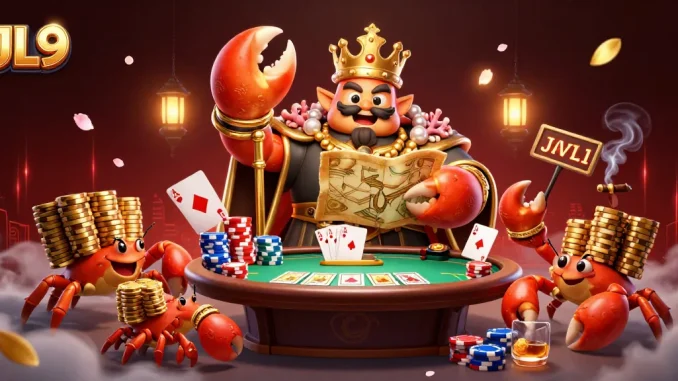 Experience the excitement of JL9 with a cartoon crab emperor amid vibrant casino elements.
