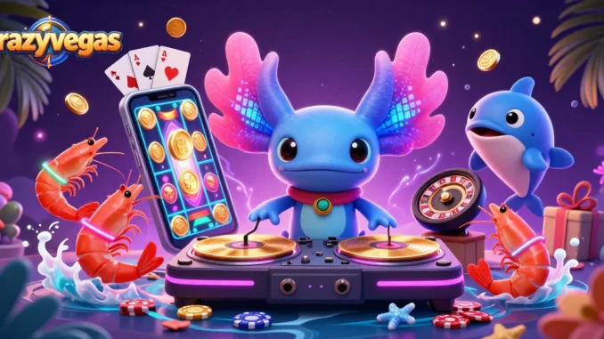 Crazyvegas showcases a vibrant underwater DJ scene with slot games and colorful characters excitedly creating gaming energy.