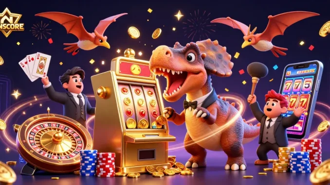 IDNSCORE brings excitement to gambling as a cartoon pachycephalosaurus hits a slot machine for jackpot coins.