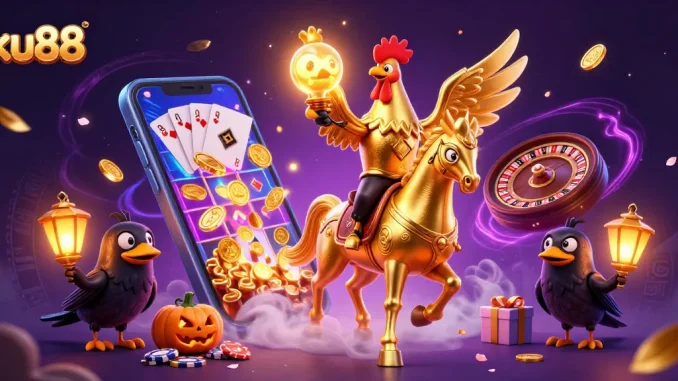 ku88 adventures: A golden rooster in a casino scene with glowing elements and dynamic gaming action.