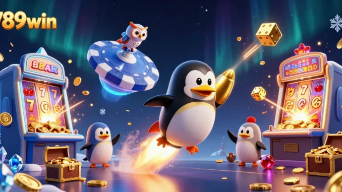 Join the excitement at 789win, where a golden penguin rockets to a sparkling casino!