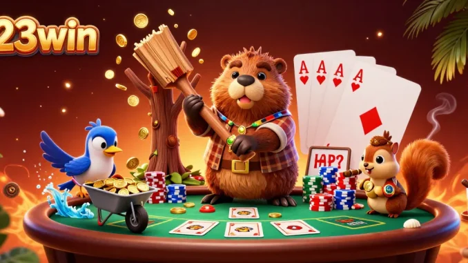 Experience thrilling gambling at 23win, featuring a whimsical scene of a beaver collecting golden coins.