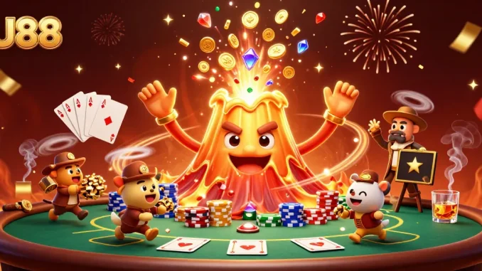 U88 showcases a triumphant volcano and treasure-seeking animals in a vibrant poker scene.