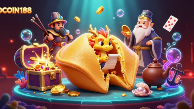IDCOIN188 brings luck as dragon reads fortune from golden cookie while coins and gems explode