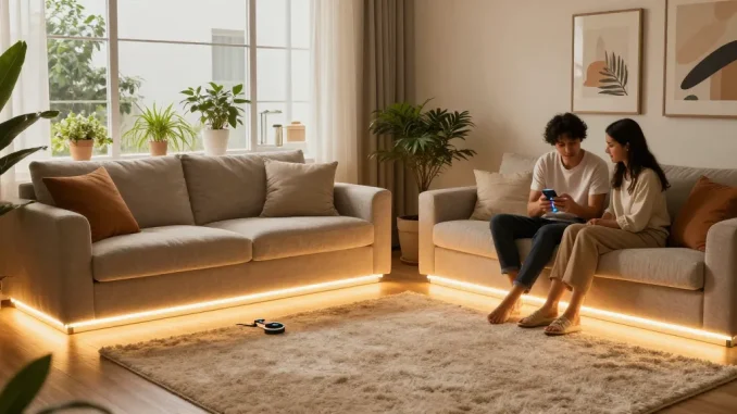 Benzi LED care iluminează un living modern, cu un cuplu ajustând culorile pe smartphone.