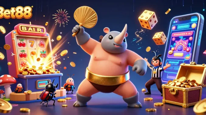 Bet88 showcases a thrilling casino scene with a sumo beetle champion amidst jackpot excitement.
