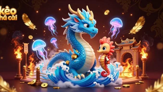 Bet on kèo nhà cái with a vibrant 3D illustration featuring a water dragon, seahorse knight, and jellyfish in a casino setting.