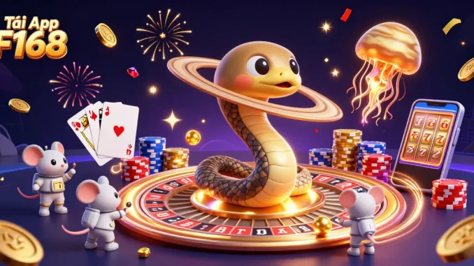 Tải App F168: Spin the galaxies with a cosmic dealer in this vibrant casino illustration.