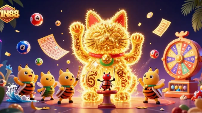 Experience exciting gameplay with VIN88, featuring a giant lucky cat, vibrant lottery elements, and dynamic casino symbols.