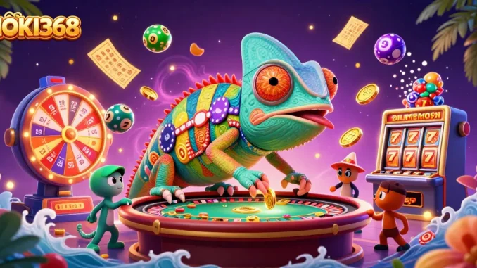 Spin the reels with HOKI368's vibrant casino scene featuring a chameleon owner and thrilling game elements.
