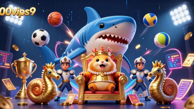 Experience thrilling action with 100vips9, featuring a golden hamster king amidst dynamic sports elements.