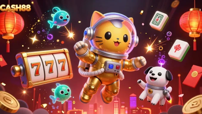 IDCASH88 transports you to a vibrant casino scene with floating slot reels and captivating characters.