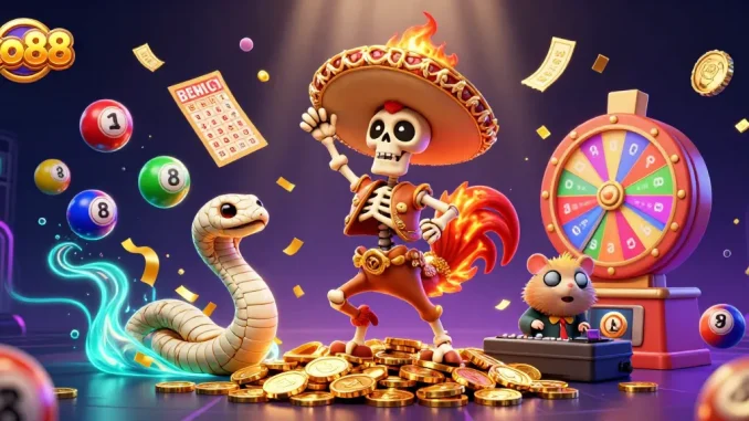 xo88 celebrates wins with a vibrant 3D illustration of a mariachi rooster, mummy snake, and DJ hamster.