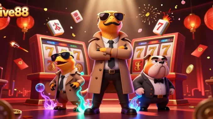 Find winning strategies with five88 in this vibrant 3D casino scene with cartoon raptors.