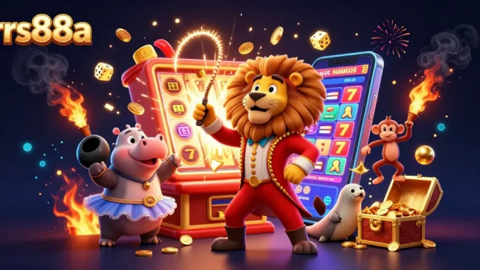 Experience the vibrant world of rrs88a with a 3D illustration showcasing casino adventures and jackpot celebrations.