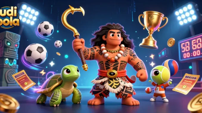 Experience judi bola excitement with a dynamic scene of sports betting and vibrant characters.