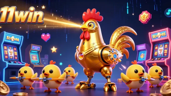 Experience thrilling 11win action with a vibrant 3D casino scene featuring a golden rooster robot.