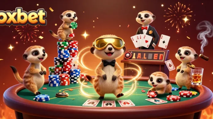Meerkats orchestrating a dynamic poker scene for oxbet with colorful chips and cards.