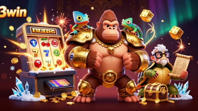 Engage with thrilling 13win casino adventures featuring a gorilla, chameleon, and tortoise in a vibrant scene.