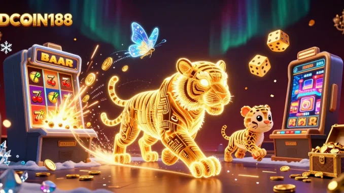 IDCOIN188 showcases exciting casino adventures with a tiger in a vibrant 3D casino landscape.