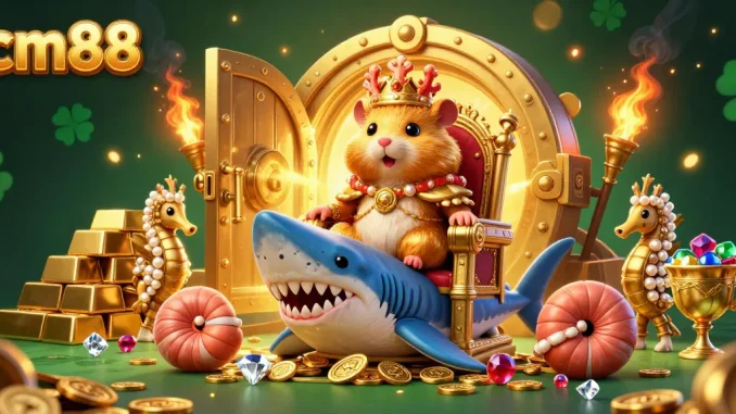 cm88 casino illustration featuring a golden hamster king with treasure elements and guards.