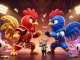 Experience 11 win excitement with cartoon roosters battling amidst dynamic sports elements.