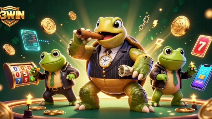 Catch the excitement at 33WIN with a lively 3D illustration featuring a snapping turtle and bullfrog enforcers amidst vibrant casino symbols.