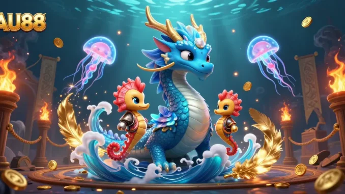 Engage with AU88's vibrant casino world illustrated by a mystical water dragon and seahorse knight.