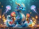 Engage with AU88's vibrant casino world illustrated by a mystical water dragon and seahorse knight.