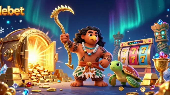 Experience the thrill of debet with this vibrant slot-themed 3D casino illustration featuring a demigod and treasures.