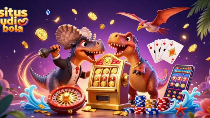 Experience thrilling wins at situs judi bola with a 3D pachycephalosaurus and casino scene.