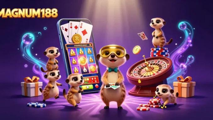 Experience the thrilling action at MAGNUM188's casino with unique meerkat characters managing games.