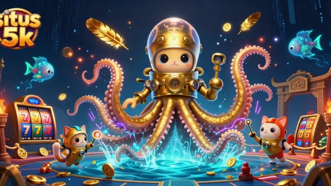 Experience thrilling gameplay at situs 5k with an illustration of a gold-tentacled kraken and diving cat.