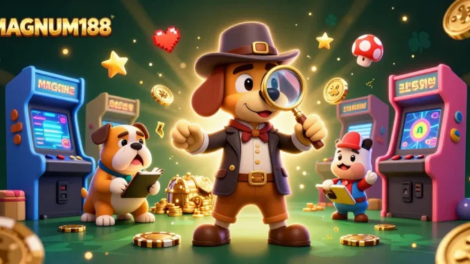 Explore MAGNUM188 with a detective bloodhound uncovering poker chip clues amidst vibrant casino elements.