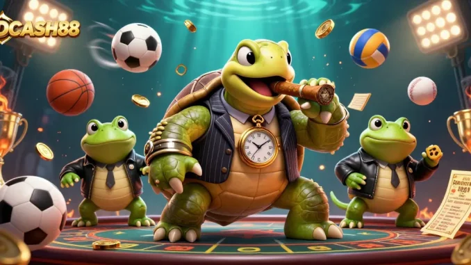Engage with IDCASH88 sports betting excitement featuring a snapping turtle mobster and bullfrog enforcers