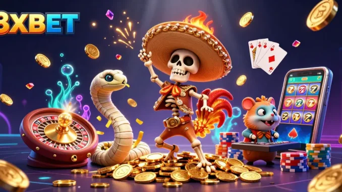 Experience thrilling gameplay at 8XBET with vibrant characters celebrating on a treasure of coins.