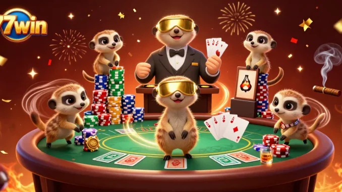 Experience the vibrant world of 77win with lively meerkats running a casino operation, showcasing energetic gameplay and excitement.