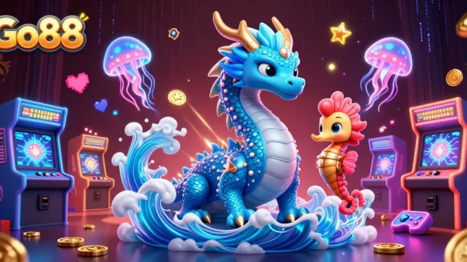 Engage in thrilling gameplay at Go88 with a majestic dragon and vibrant casino elements.