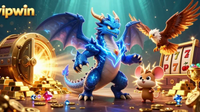 Experience thrilling gameplay at vipwin, with vibrant casino characters and sparkling treasures in a dynamic 3D scene.
