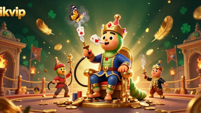 Experience the excitement of rikvip with a vibrant 3D illustration featuring a caterpillar hookah-master in a casino setting.