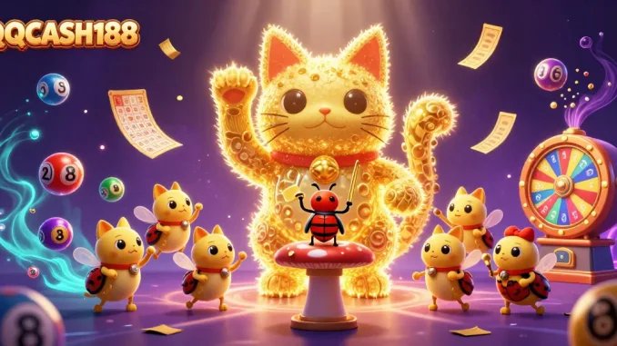 Engage with QQCASH188's vibrant lottery scene featuring golden fireflies and dynamic casino elements.
