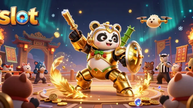 Slot gacor online dengan panda emas bertarung di arena, membantu pemain menang