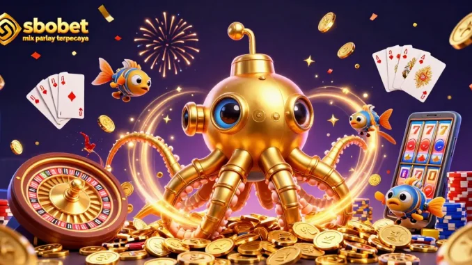 Bet on sbobet mix parlay terpercaya with a stunning illustration of a kraken submarine surrounded by casino elements.