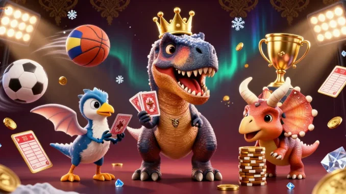 Experience thrilling sports action with luongsontv as a T-Rex and triceratops celebrate betting strategies.