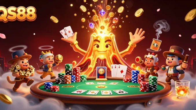 Experience the excitement of QS88 with a vibrant casino scene filled with treasures and gaming elements.