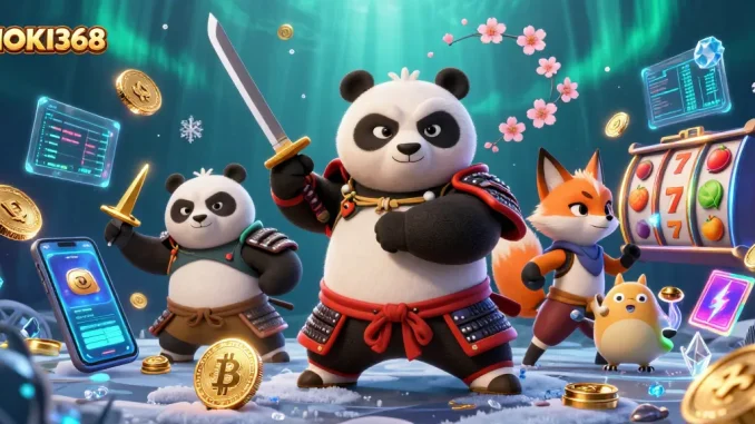 Engage with HOKI368 through an epic scene featuring a samurai panda in armor, dynamic casino elements.