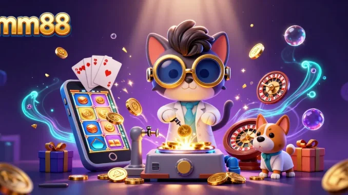 Experience big wins at mm88 with a cartoon mad scientist and dog in a vibrant casino scene.