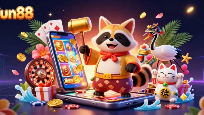 Experience the excitement of jun88 with unique characters and vibrant casino elements in a 3D scene.