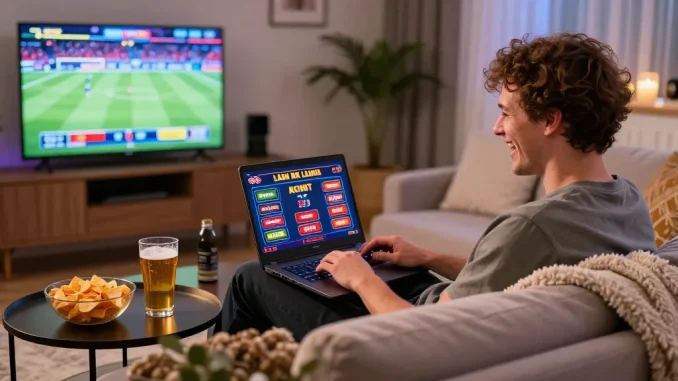 Engaging evening with non UK licensed casinos, featuring a person enjoying online gambling on a laptop in a stylish living room.
