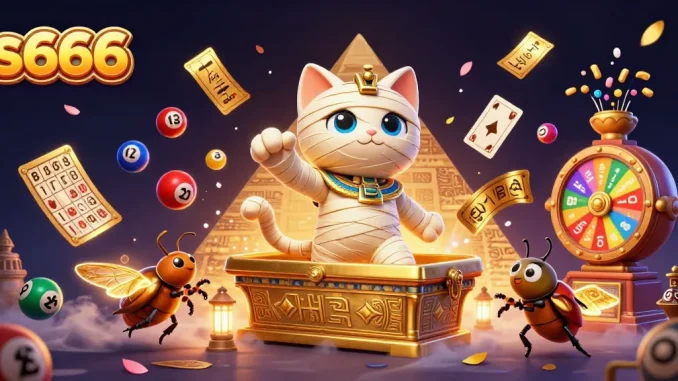 Experience excitement with the s666 Egyptian mummy cat and golden casino elements in an engaging scene.